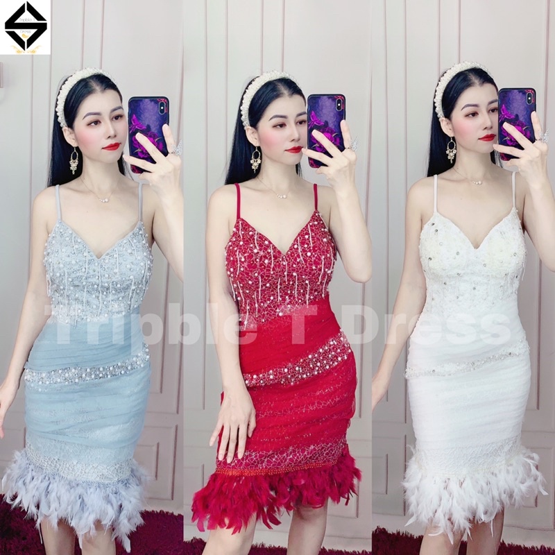 Đầm body 2 dây phối lông tua rua và kết cườm ren lỗ TRIPBLE T DRESS - size S/M/L -MS231Y