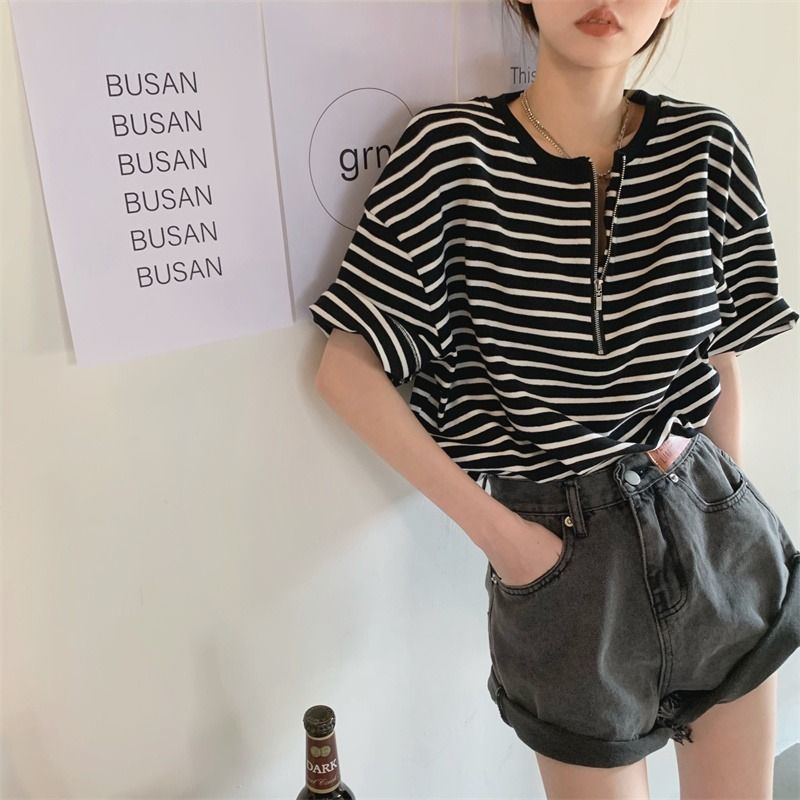 Áo Thun Tay Ngắn Dáng Rộng Họa Tiết Kẻ Sọc Phong Cách Hàn Quốc Thời Trang Mùa Hè Cho Nữ