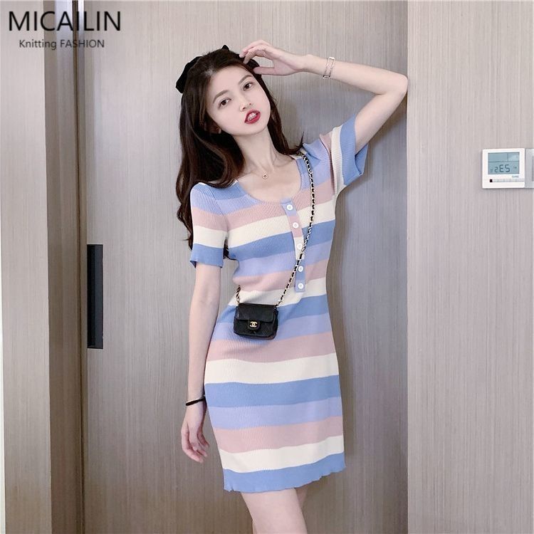 Octn Đầm Thun Dệt Kim Dài Qua Gối Dáng Suông Kẻ Sọc Phong Cách Mori Pháp Cổ Điển Thời Trang Mùa Hè Cho Nữ