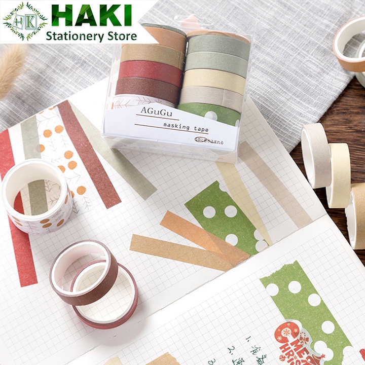 Washi tape vintage HAKI, băng dính washi tape bộ 10 cuộn trang trí sổ butllet journal giá rẻ BD03