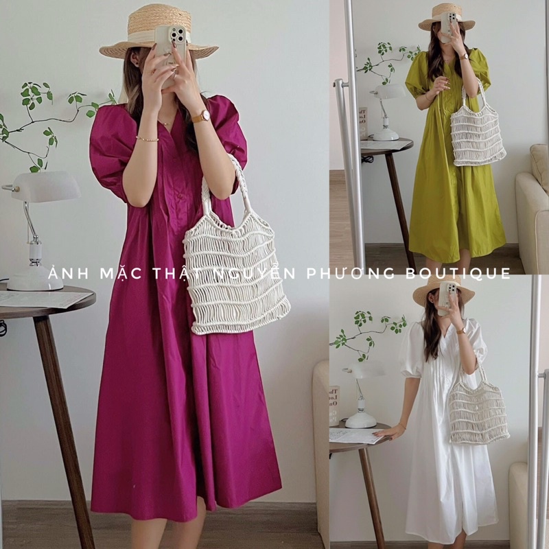 Đầm sơ mi cổ V dập ly ngực dáng dài siêu xinh 3 màu