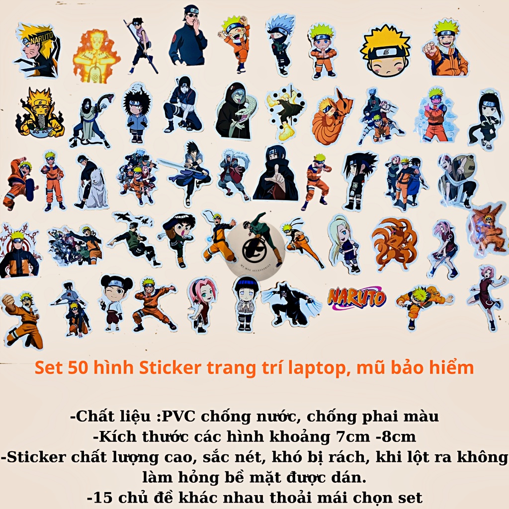 Set 50 hình dán Sticker Naruto chống thấm nước dán mũ bảo hiểm, vali trang trí laptop ,hình dán anime dễ thương