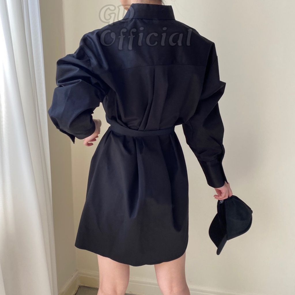 D9|Đầm váy sơ mi cổ vest polo tây âu công sở khoác nữ thắt buộc eo ngắn dài tay dáng rộng thụng suông GD Official