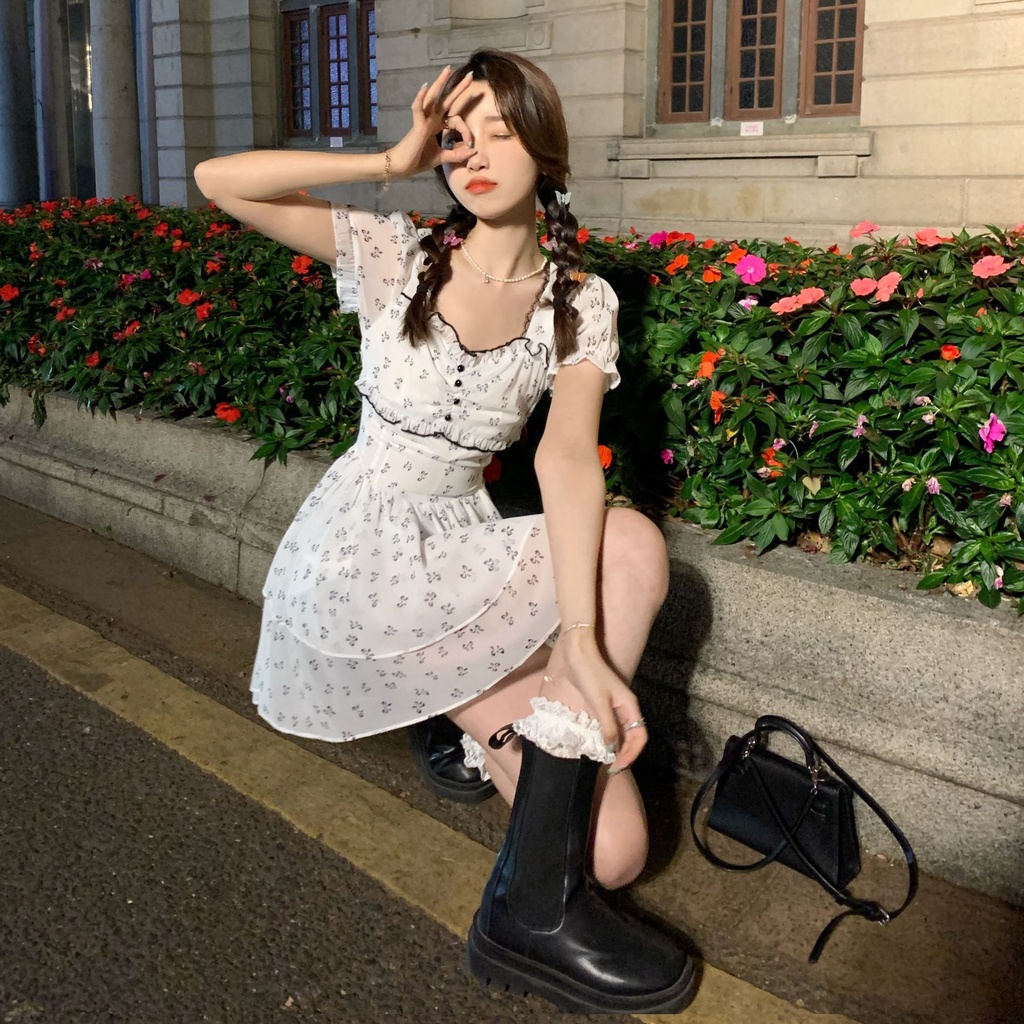 Váy Hoa Cổ Vuông Tay Phồng Thời Trang Hè Đầm Chữ A Đính Nơ Nữ
