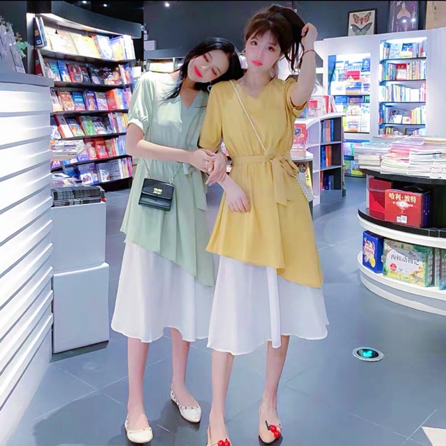 Đầm midi váy maxi tùng phối trắng 2 màu, váy dạo phố (kèm hình thật)