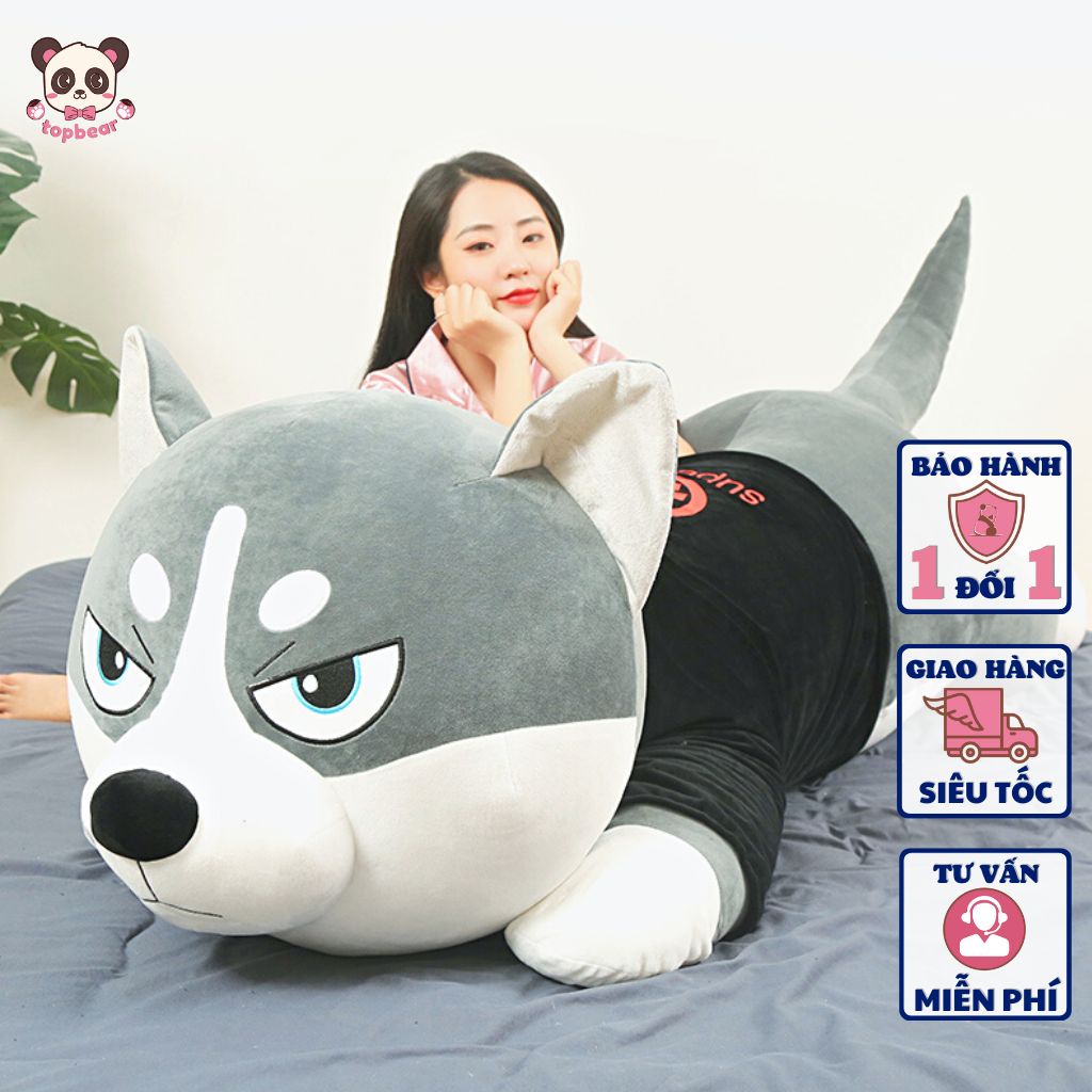 Gấu Bông Chó Husky Siêu To Khổng Lồ, Gối Ôm Nhồi Bông Hình Chó Mặt Siêu Ngáo Size 1m - 1m6