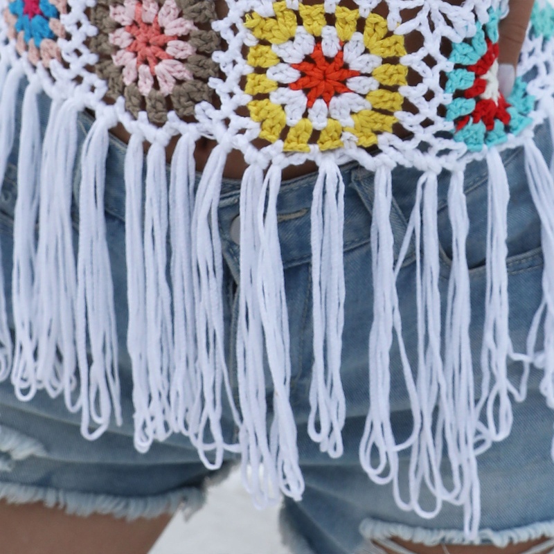 Áo Croptop Dệt Kim Không Tay Cổ Vuông Phối Tua Rua Gợi Cảm Cho Nữ y2k