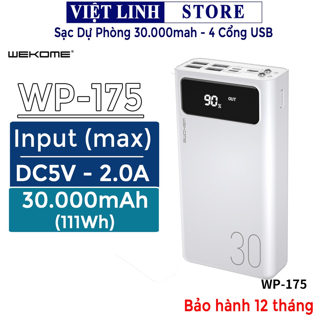 Pin sạc dự phòng 30000mah WK 175, đèn led hiển thị pin, 4 cổng USB đa năng, hàng chính hãng - Việt Linh Store