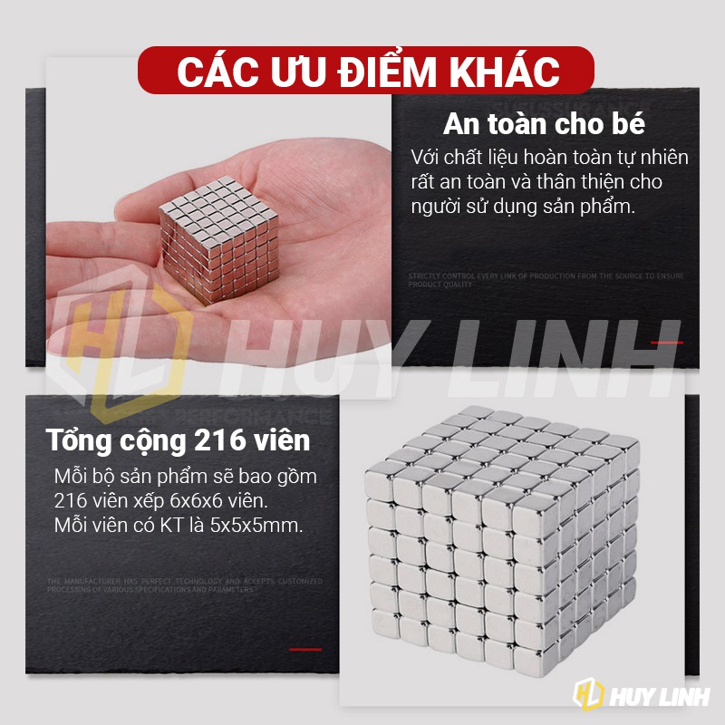 Nam châm vuông xếp hình thông minh 5mm 216 viên màu bạc