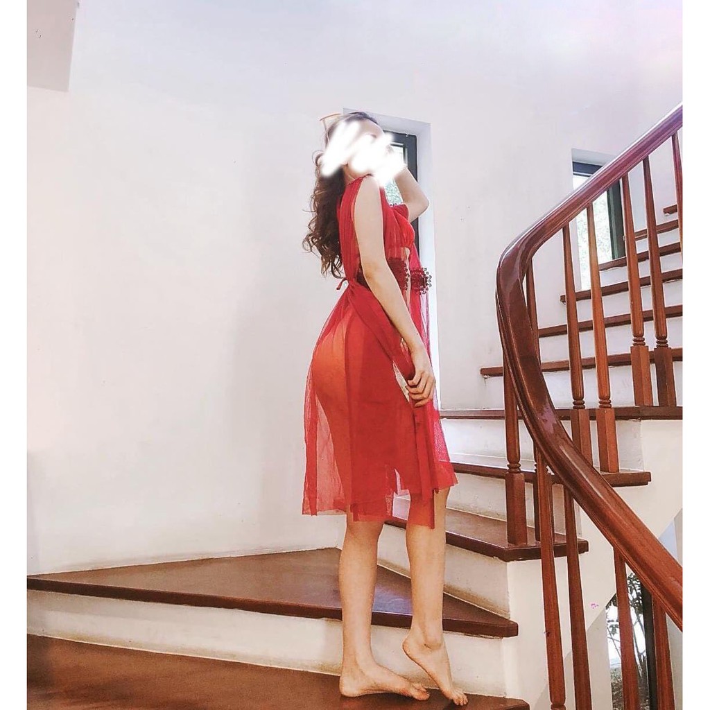 Đầm ngủ nữ hoàng quyến rũ váy ngủ xẻ tà xẻ ngực xuyên thấu sexy với màu hồng nhẹ nhàng