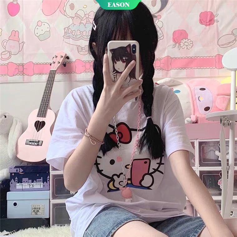 Áo Thun 100% Cotton Tay Ngắn Dáng Rộng In Hình Hello Kitty Dễ Thương Thời Trang Mùa Hè Cho Nữ