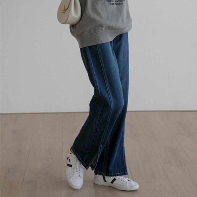 Quần jean ống suông rộng lưng cao xẻ tà phong cách Retro Hàn Quốc mới