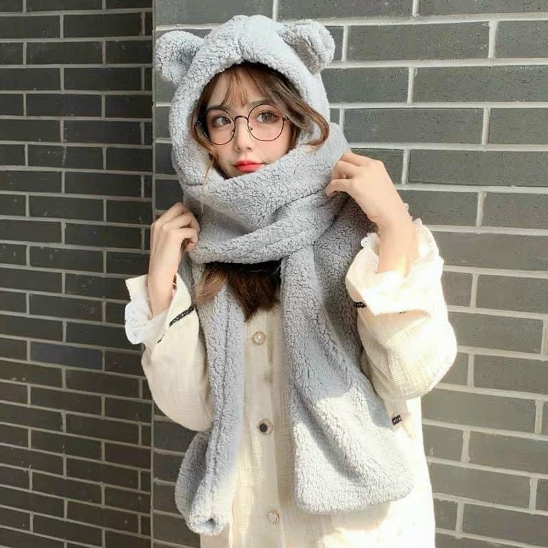 Mũ Len Lông Cừu Tai Gấu Dễ Thương Mùa Đông Kèm Khăn Quàng Cổ Và Găng Tay Phong Cách Hàn Quốc