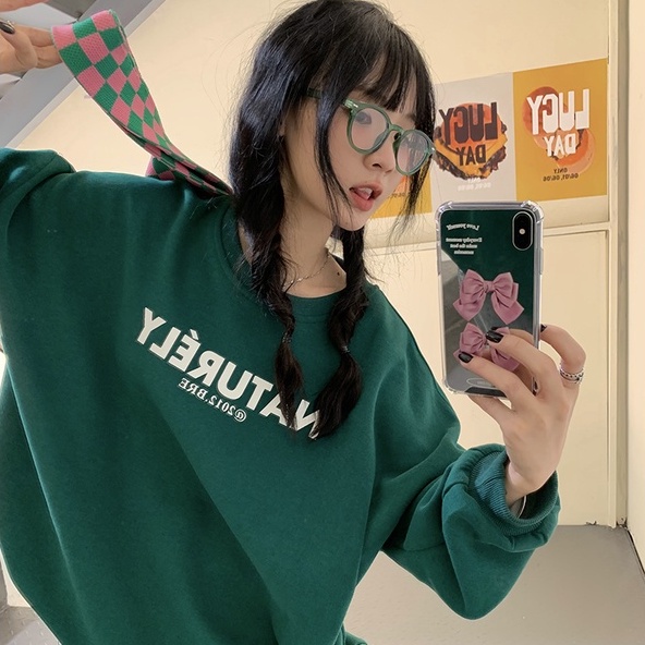 Áo Hoodies Tay Dài Cổ Tròn Hoạ Tiết Chữ In Thiết Kế Mới Cho Phái Nữ