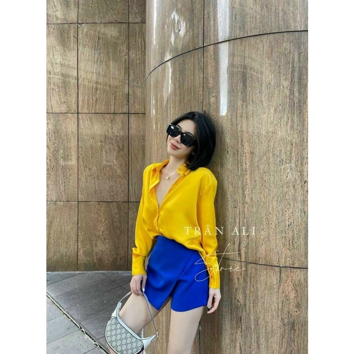 [8.8 Sales Freeship] Set bộ sơ mi công sở, set bộ màu nổi hot trend sơ mi tay dài, chân váy vạt lệch cá tính