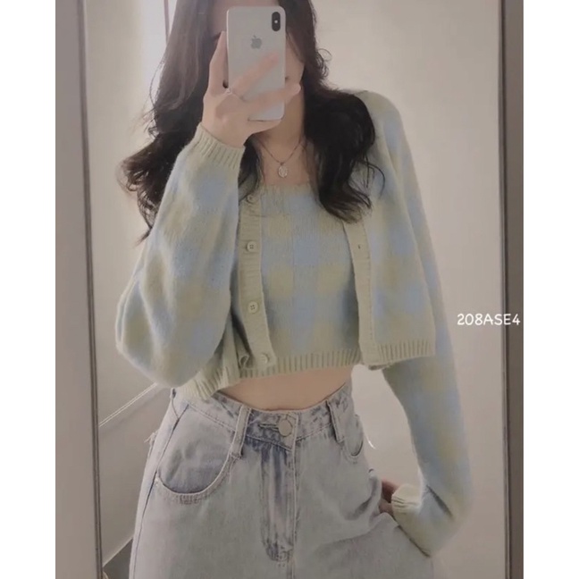 Set cadigan len kèm bra len 2 dây kẻ caro dáng croptop - 208AS4