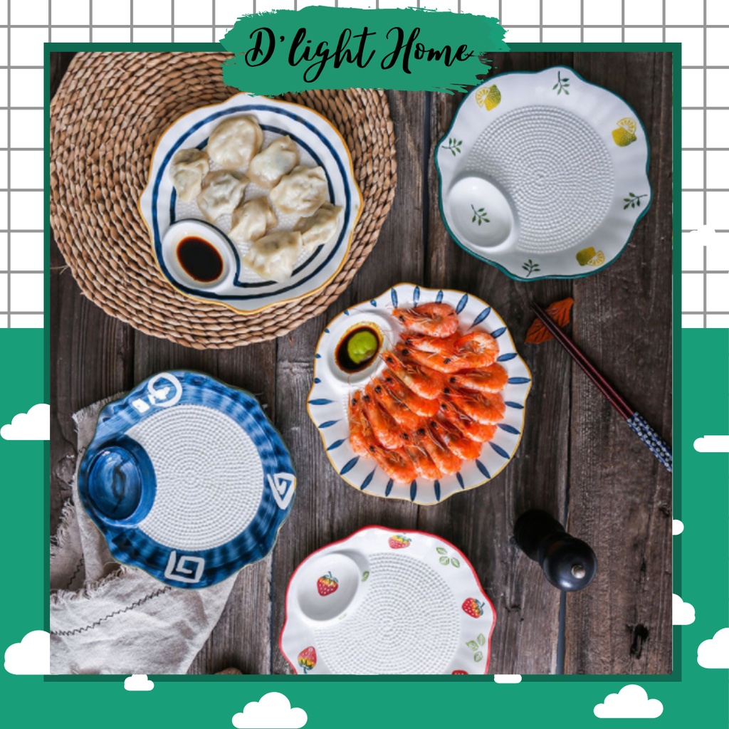 Khay liền đĩa chấm tròn/ Đĩa kèm ngăn chấm nhiều họa tiết