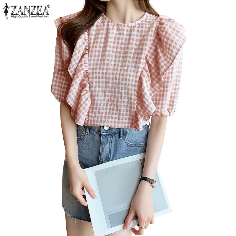 Zanzea Áo Sơ Mi Tay Lửng Cổ Tròn Họa Tiết Caro Phong Cách Hàn Quốc Thời Trang Cho Nữ