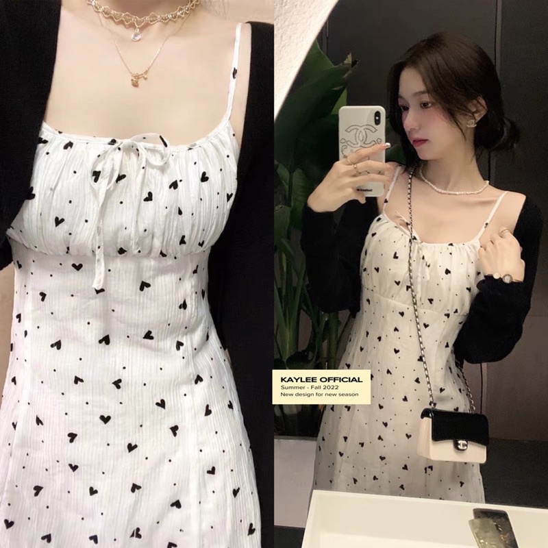 Set Váy Trắng Dây Nơ Ngực Mix Áo Cardigan Đen Chất Dày Đẹp 2Lớp kèm ảnh thật Kaylee