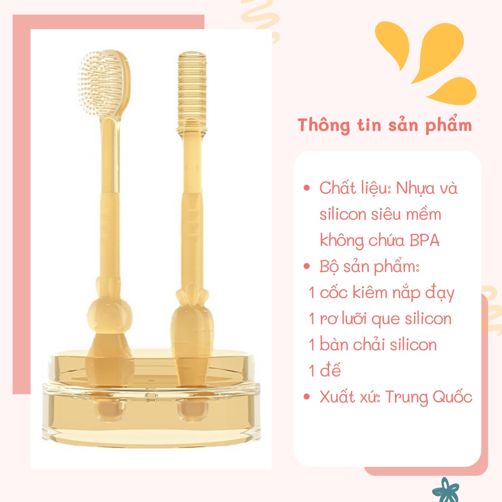 Bộ rơ lưỡi và bàn chải đắng răng silicon có kèm cốc tiện lợi cho bé