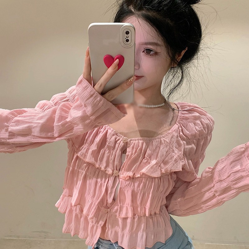 Áo Croptop Tay Phồng Dài Cổ Tròn Màu Trơn Phong Cách Hàn Quốc Thời Trang Cho Nữ