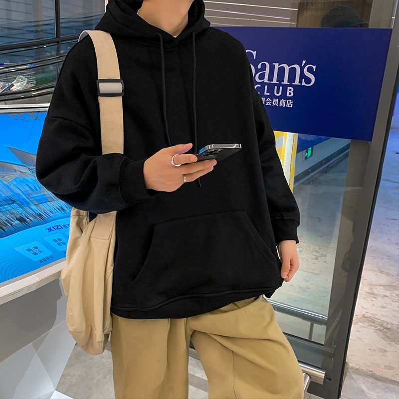 Áo hoodie tay dài dáng rộng màu trơn thời trang mùa đông dành cho nam