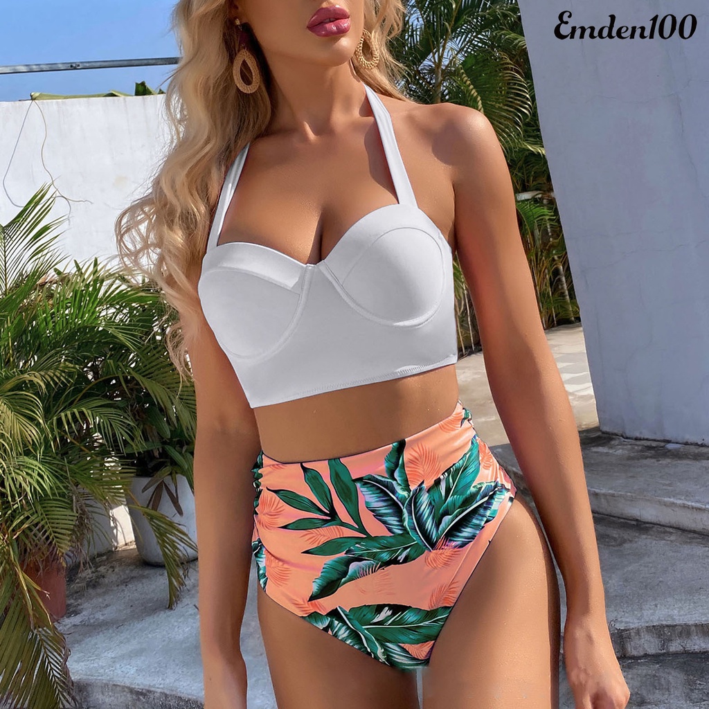 Bộ Bikini 2 Mảnh Hở Lưng Ôm Dáng In Họa Tiết Lá Cây Có Dây Cột
