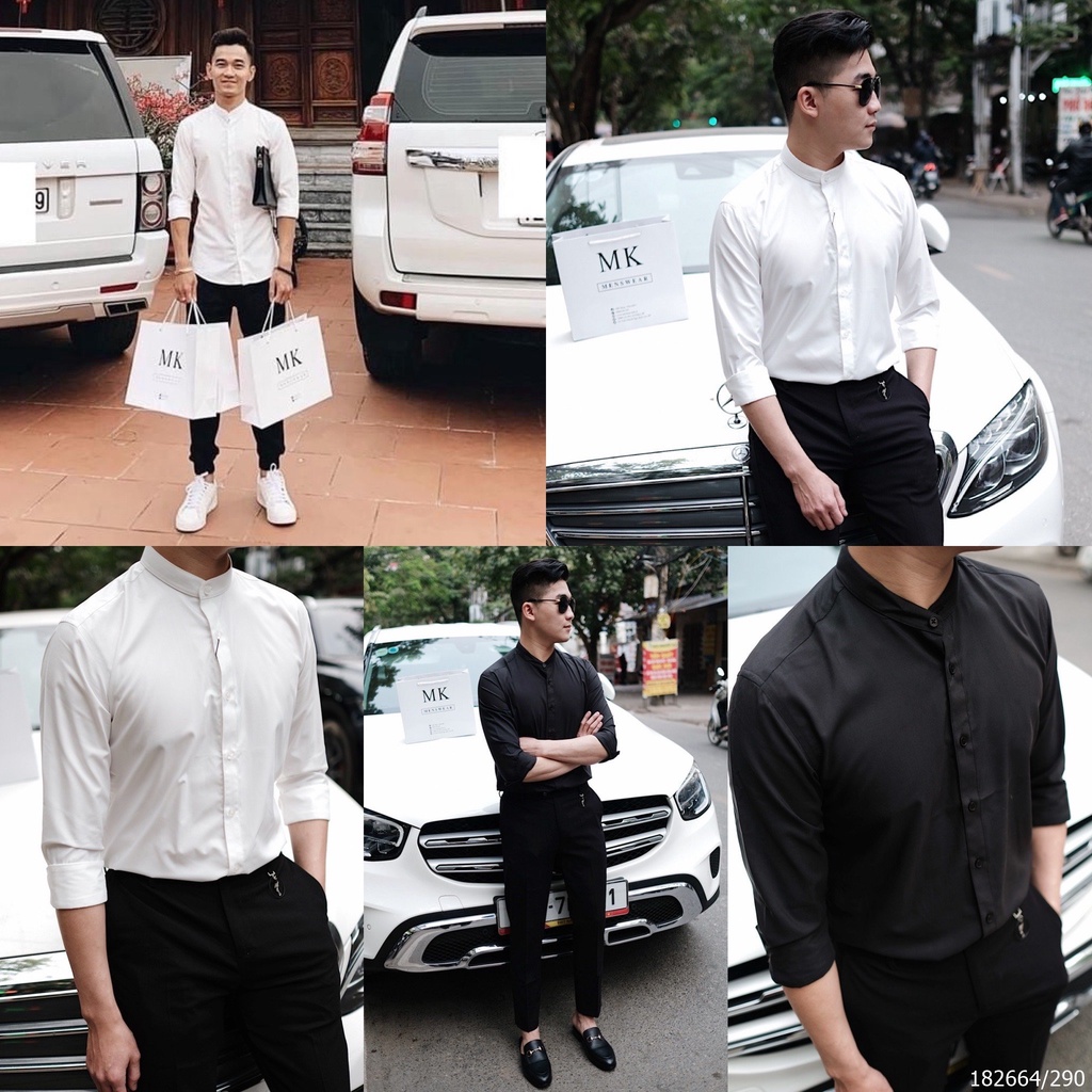 Áo Sơ Mi Nam Defoxx Cổ Tàu Đen/Trắng