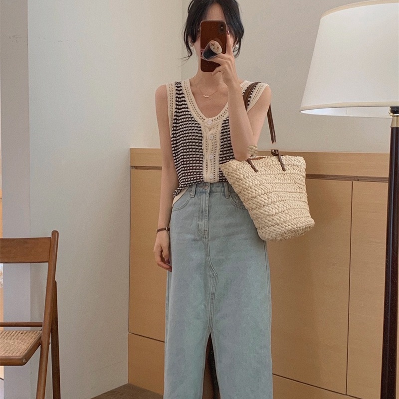 Áo kiểu XIAOZHAINV sát nách cổ chữ V dệt kim 4 màu sắc tùy chọn phong cách Hàn Quốc retro dành cho nữ