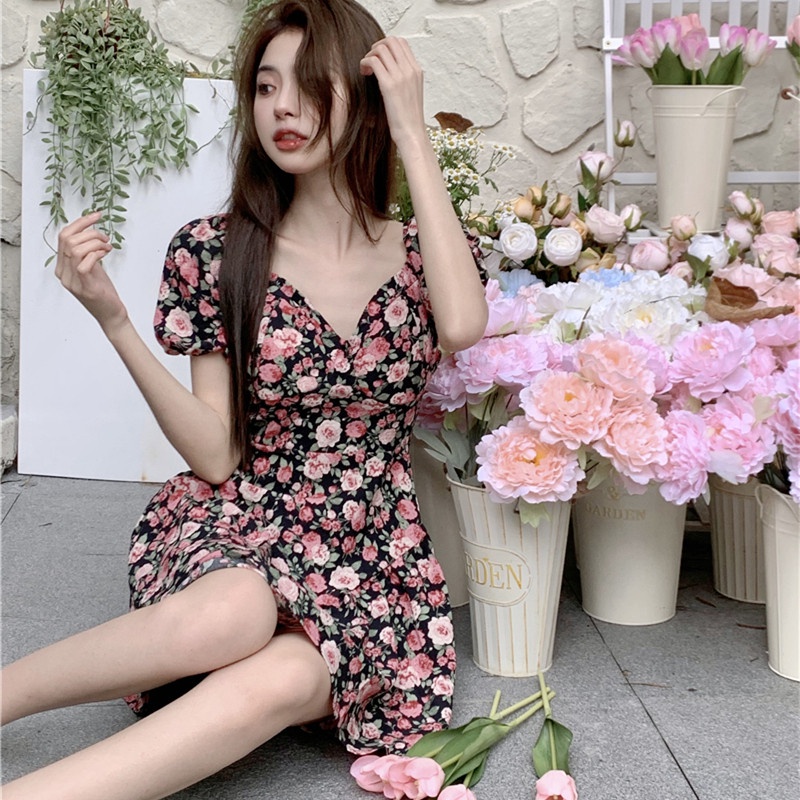 Đầm Hoa Cổ Vuông Ngắn Tay Thời Trang Mùa Hè Dành Cho Nữ