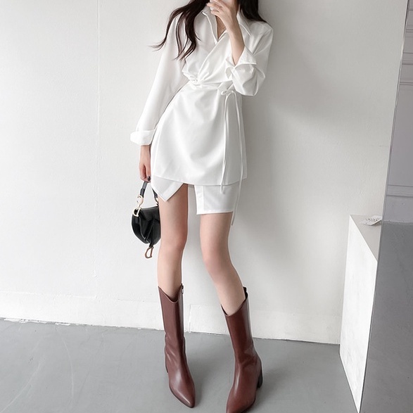 Đầm sơ mi ngắn cổ V cách điệu vạt xéo phong cách Hàn Quốc