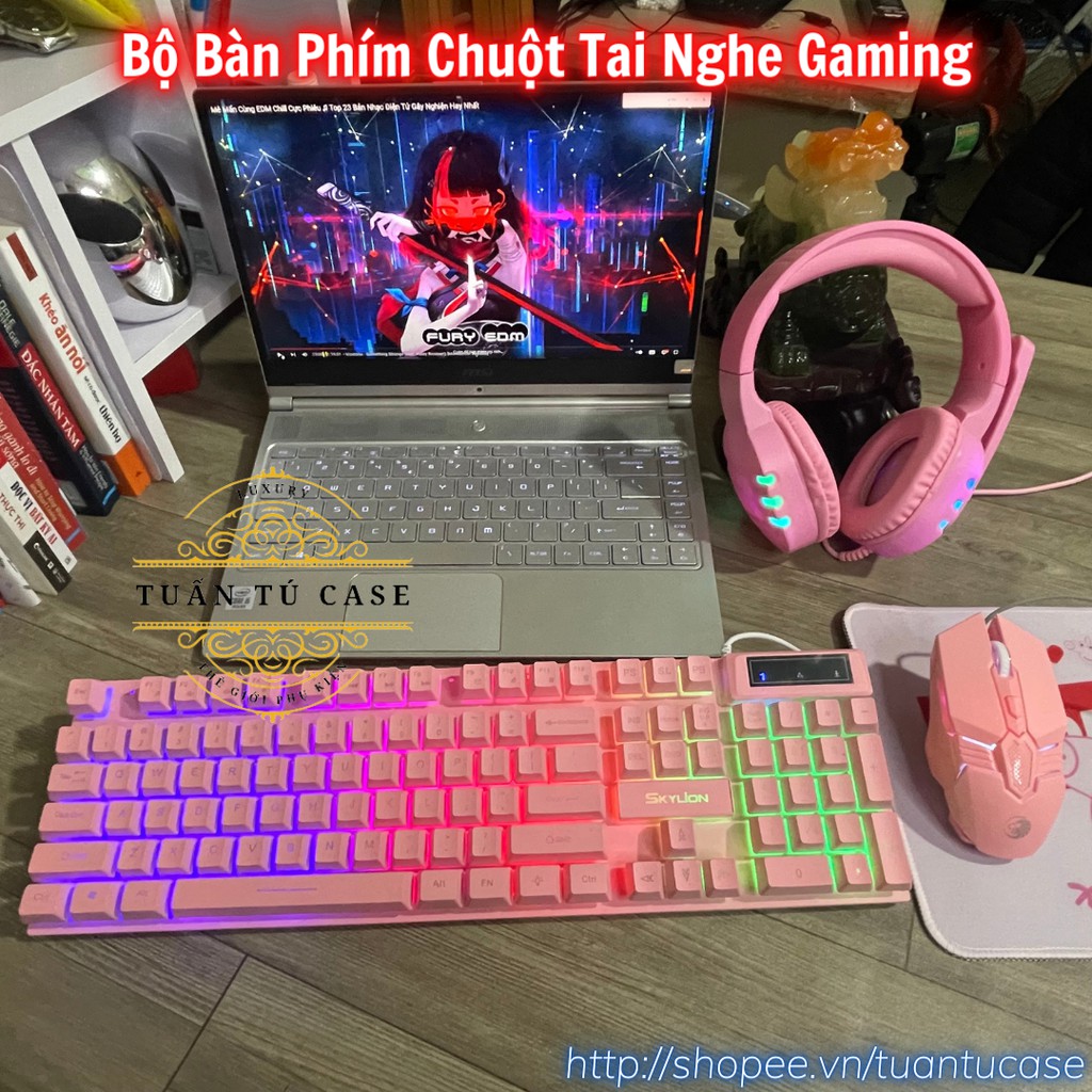 Set 4 món Bàn Phím Chuột Tai Nghe Lót Chuột Gaming cao cấp nhiều màu Hồng, Xanh Dương, Đen