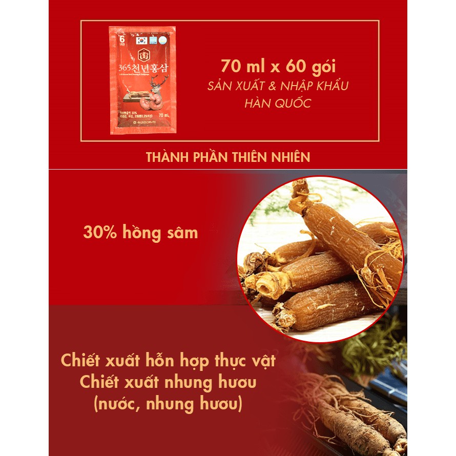 Nước chiết xuất hồng sâm nhung hươu 365 Hansusam (70ml x 60 gói)