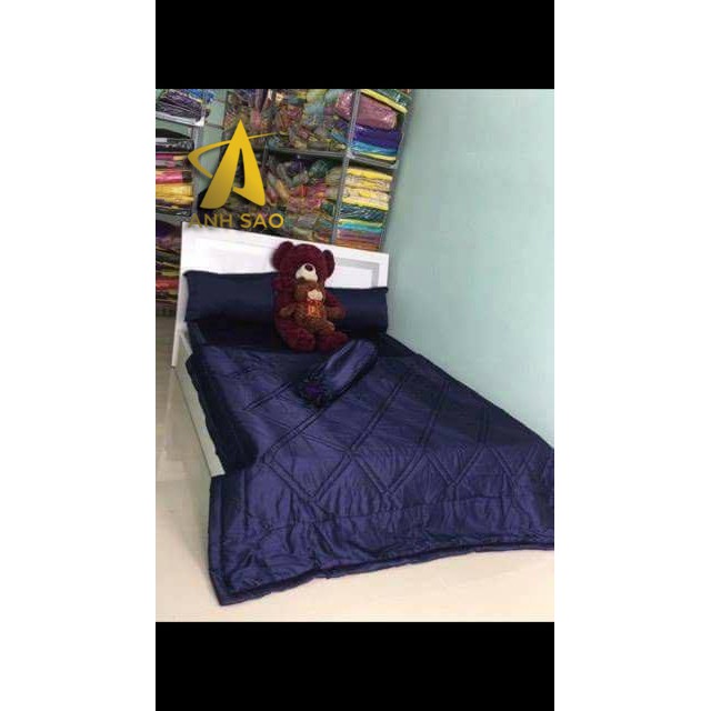 Bộ Chăn Drap Lụa Cao Cấp Ánh Sao Màu Xanh Đậm 1m6x2m/1m8x2m - Mền lồng lớp bông mỏng có chân chỉ hình thoi