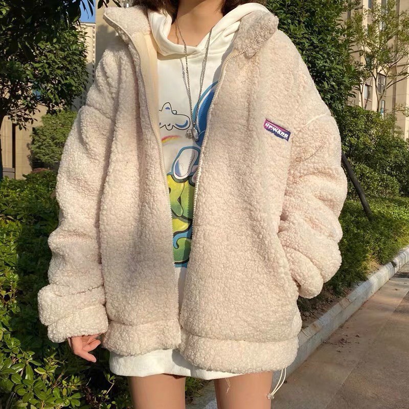Áo Khoác Lông Cừu Upward JOLIE Nữ [FREESHIP]  Jacket nỉ bông form rộng tay bồng siêu ấm màu TRẮNG | ĐEN Ulzzang......