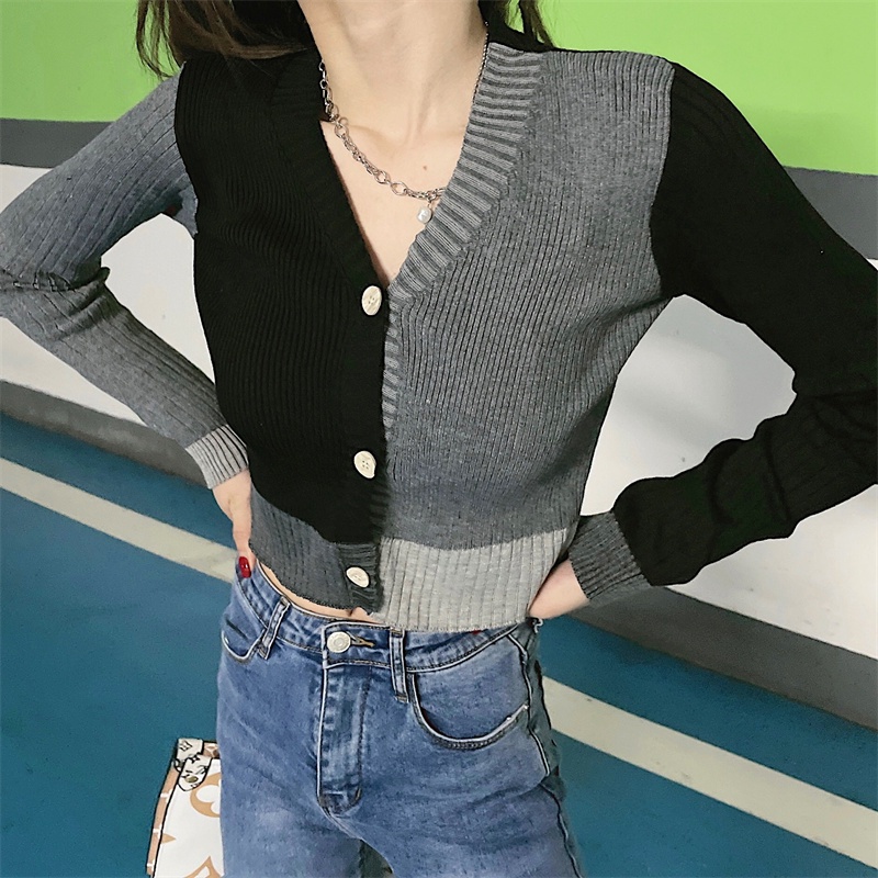 Áo Khoác Cardigan Dệt Kim Tay Dài Cổ Chữ V Màu Đen / Xám Phong Cách Hàn Quốc
