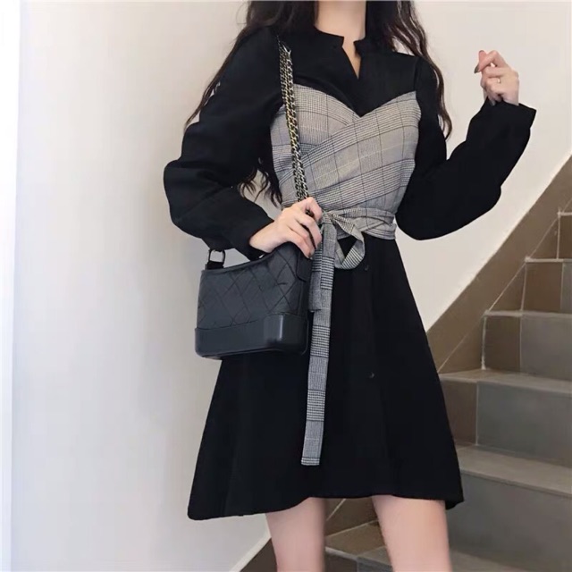 Bigsize L-4XL Đầm santo đen cổ tàu phối yếm buộc ngực kẻ caro cá tính