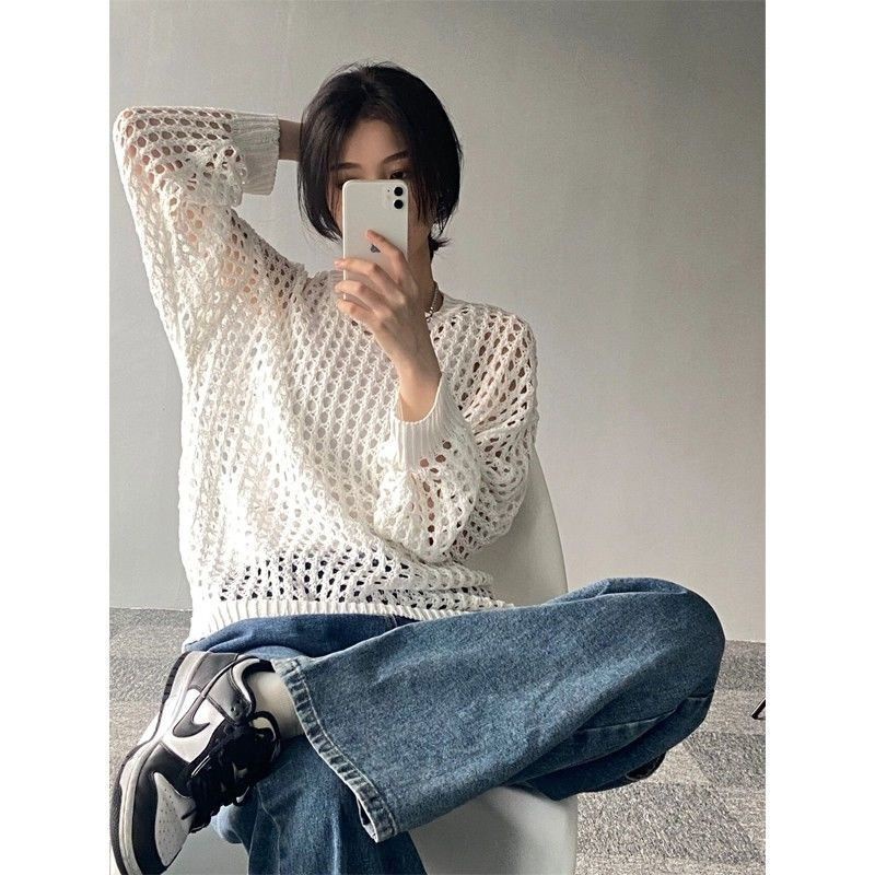Áo Sweater Dệt Kim Lưới Dáng Rộng Phong Cách Retro Mỹ Mới
