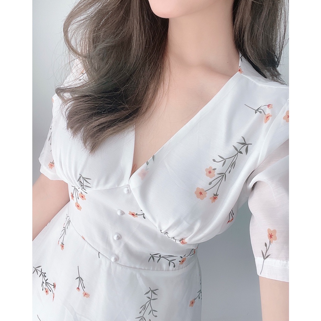 ĐẦM TƠ HOA MIDI RÃ NGỰC CỔ V