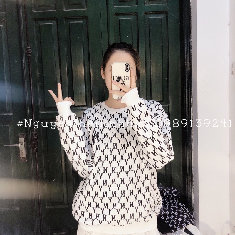 Áo thun nỉ sweater monogram NY MLB tay dài thun da cá | BigBuy360 - bigbuy360.vn