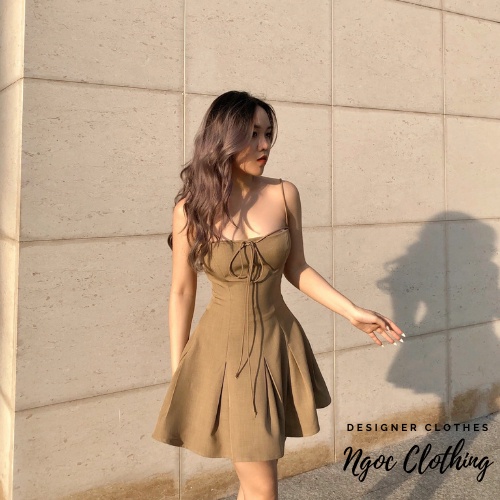 Váy 2 dây đơn giản màu beige và đen NGOCCLOTHING nữ  Đầm 2s ngắn dáng xoè, cột nơ phong cách lolita, đáng yêu