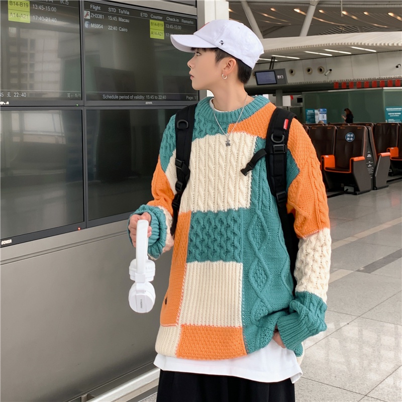 Áo Sweater Cổ Tròn Dáng Rộng Phối Màu Tương Phản Kiểu Nhật Hàn Thời Trang Thu Đông Cho Nam