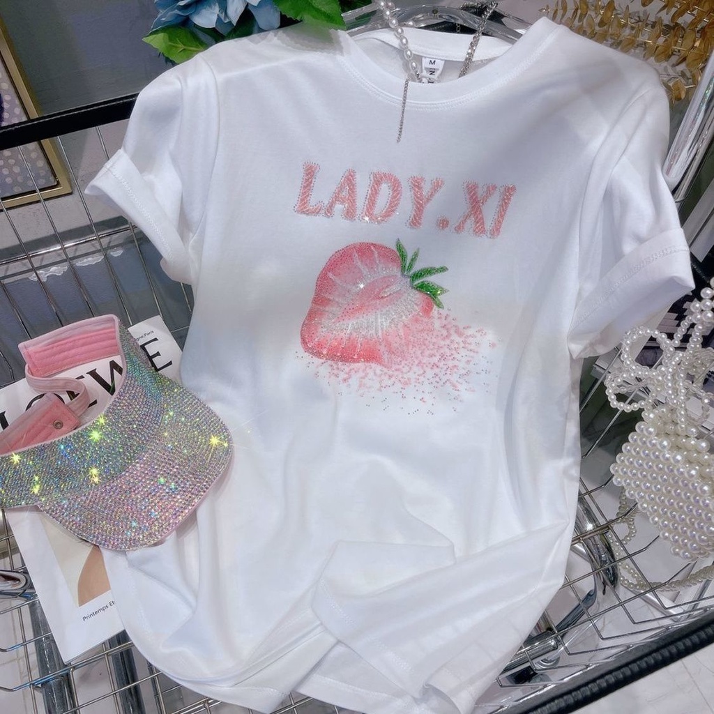 Áo Thun Cotton Nguyên Chất In Họa Tiết Dâu Tây Đính Đá