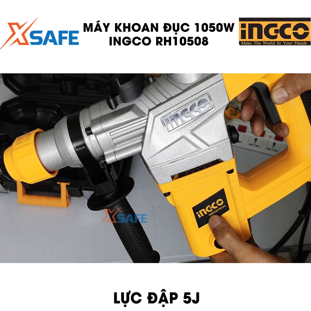 Máy khoan đục 1050W INGCO RH10508 kèm 3 mũi khoan gài, 2 mũi đục tốc độ không tải 900 vòng/phút