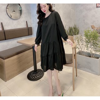 váy suông dài tay 2 tầng chất đũi trơn xinh xắn