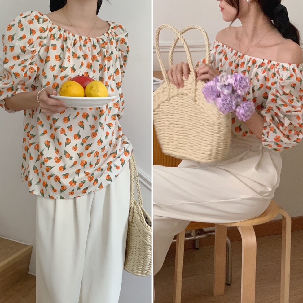 Áo Trễ Vai Tay Ngắn In Hoa Phong Cách Hàn Quốc Dễ Thương 52116