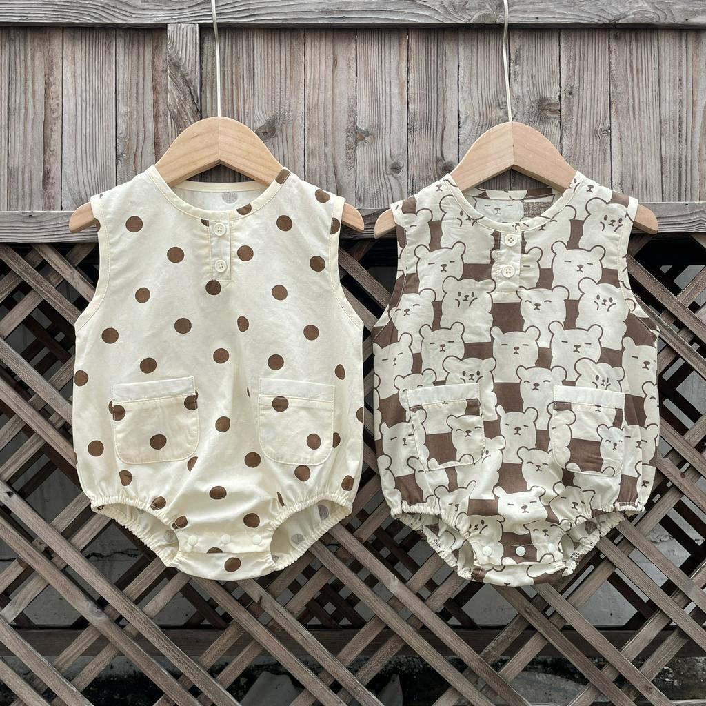 Bộ Áo Liền Quần Sát Nách Dáng Rộng Vải Cotton Họa Tiết Chấm Bi Dễ Thương Thời Trang Mùa Hè Cho Bé Sơ Sinh Từ 0