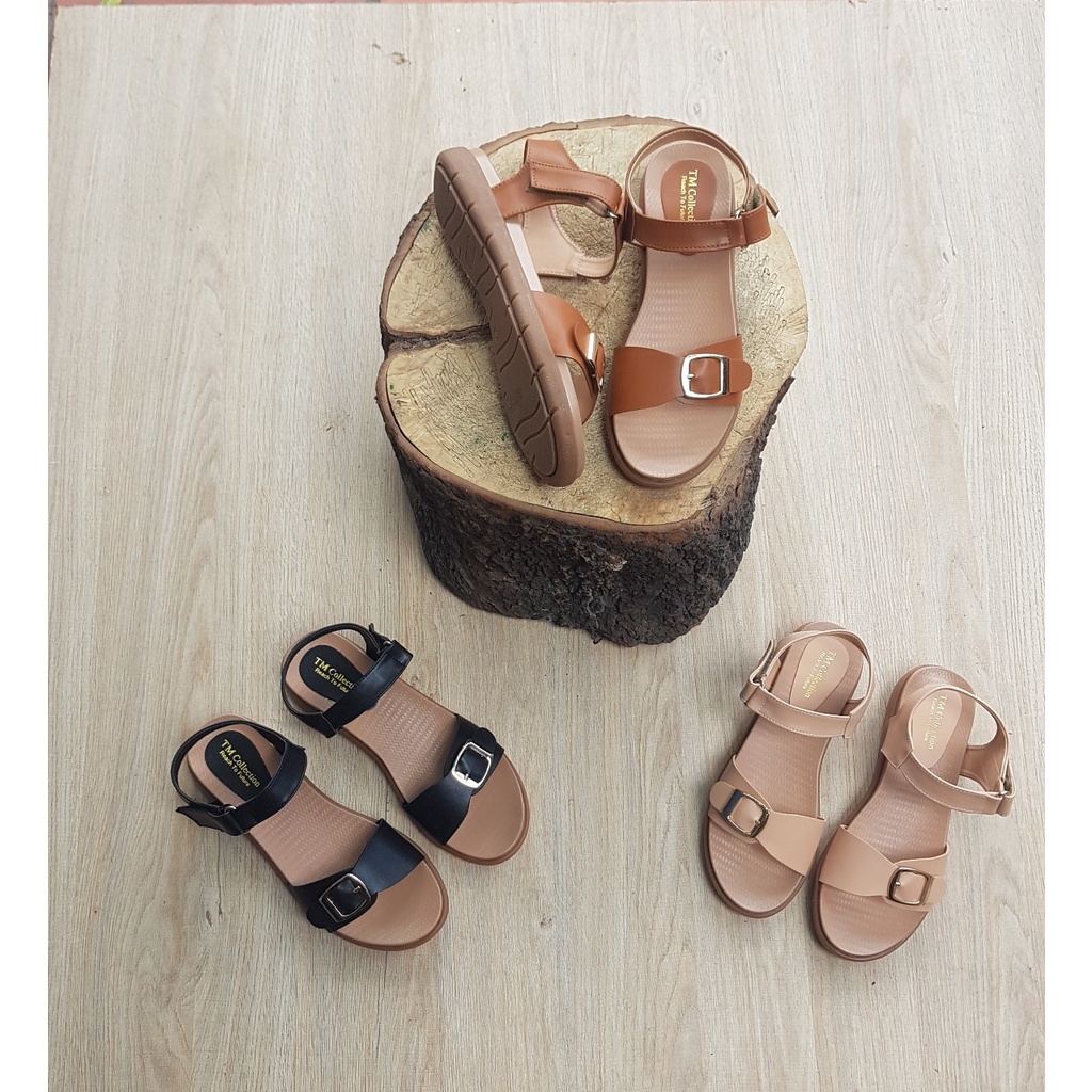 [MỚI VỀ] Sandal nữ quai ngang hậu cài NALLDOS, Quai da Microfiber, đế 3cm TPR đi học có 3 màu (Đen, Kem, Bò)