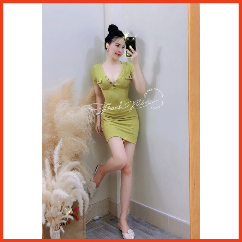 Sale Váy sốp body cúc túi hộp cổ v cực hot. siêu sinh