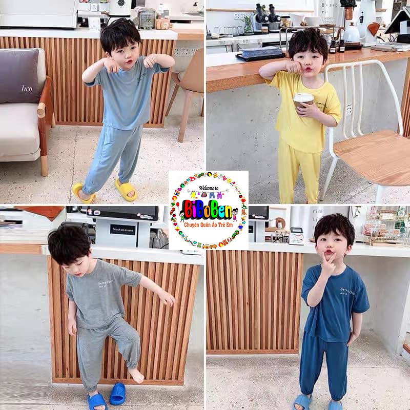 Bộ thun lạnh alibaba áo cộc quần bo gấu cho bé trai và bé gái